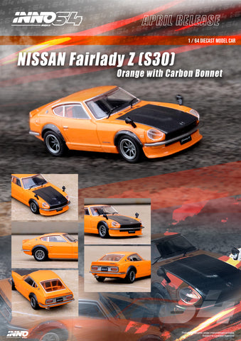 Inno64 1:64 Nissan Fairlady Z (S30) in Orange with Carbon Bonnet - Unrivaled USA