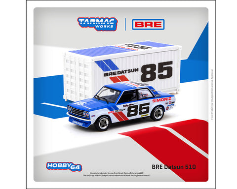 Tarmac Works 1:64 BRE Datsun 510 #85 (Two-Tone Blue/White) with Container - HOBBY64 - Unrivaled USA