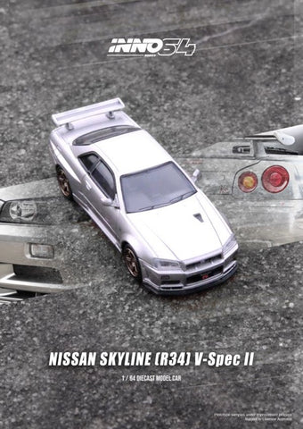 Inno64 1:64 Nissan Skyline GT-R (R34) V-Spec II in Silver - Unrivaled USA