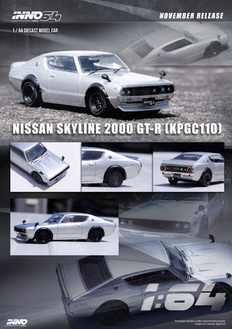 Inno64 1:64 Nissan Skyline 2000GT-R (KPGC110) in Silver - Unrivaled USA