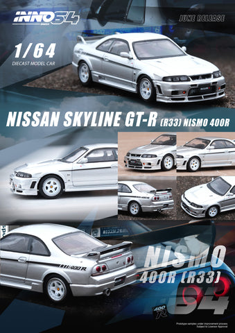 Inno64 1:64 Nissan Skyline GT-R (R33) Nismo 400R in Sonic Silver - Unrivaled USA