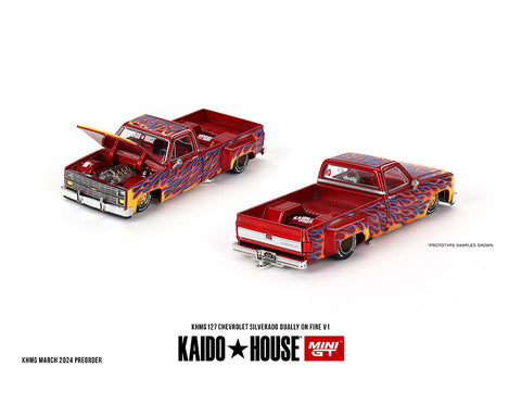 Kaido House x Mini GT 1:64 Chevrolet Silverado Dually on Fire V1 – Red with Flames - Unrivaled USA