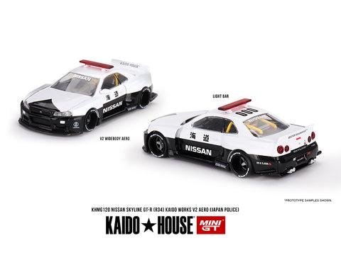Kaido House x Mini GT 1:64 Nissan Skyline GT-R R34 Kaido Works (V2 Aero) Police - Unrivaled USA