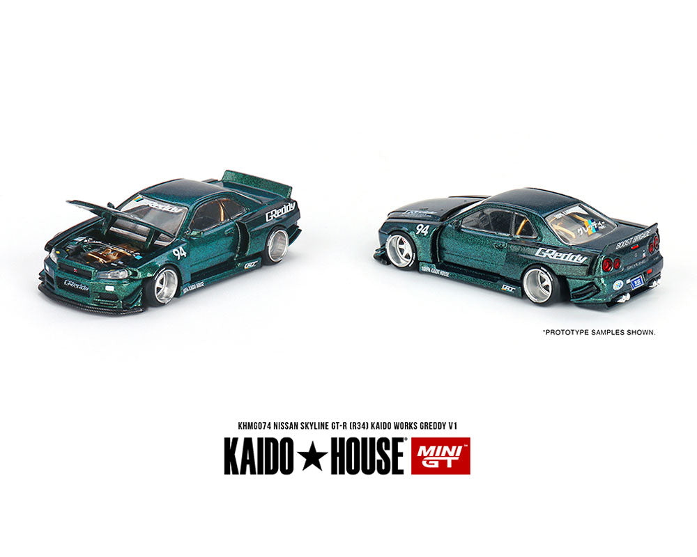専用⭐️街道★HOUSE ⚡️Greddy R34skyline greenメタ✨ Kaido House x Mini GT Nissan Skyline GT-R R34 Kaido Works