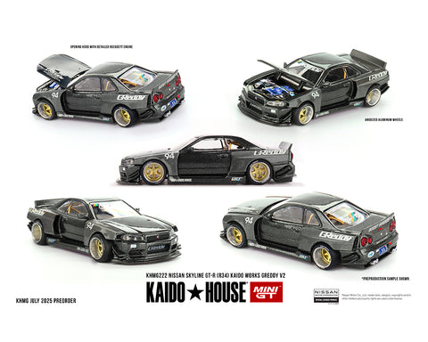 Kaido House x Mini GT 1:64 Nissan Skyline GT-R (R34) Kaido Works GReddy V2 – Black w/ Carbon - Unrivaled USA