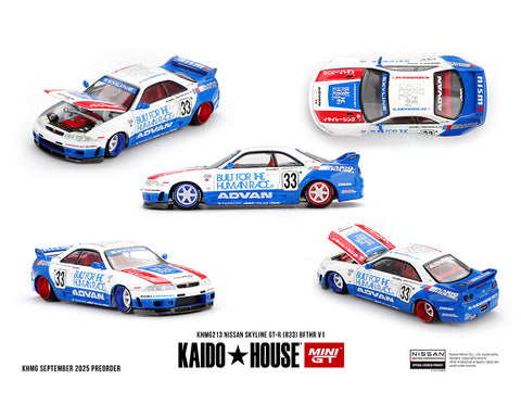 Kaido House x Mini GT Nissan Skyline GT-R (R33) BFTHR V1 – White with Blue - Unrivaled USA