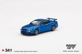 Mini GT 1:64 MiJo Exclusives Nissan Skyline GT-R (R34) V-Spec II Bayside Blue - Unrivaled USA