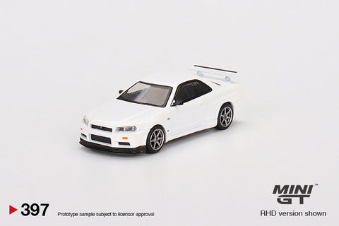 Mini GT 1:64 MiJo Exclusives Nissan Skyline GT-R (R34) V-Spec N1 White - Unrivaled USA
