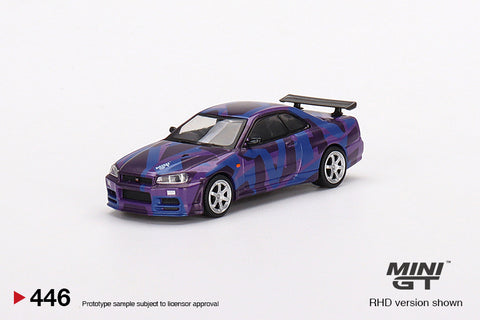Mini GT 1:64 Nissan Skyline GT-R (R34) V-Spec II in Mini GT Digital Camouflage Purple Mini GT 5 Years Anniversary Model - Unrivaled USA