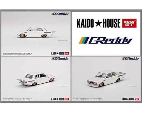 Kaido House x Mini GT 1:64 GREDDY Datsun 510 Pro Street Pearl White - Unrivaled USA